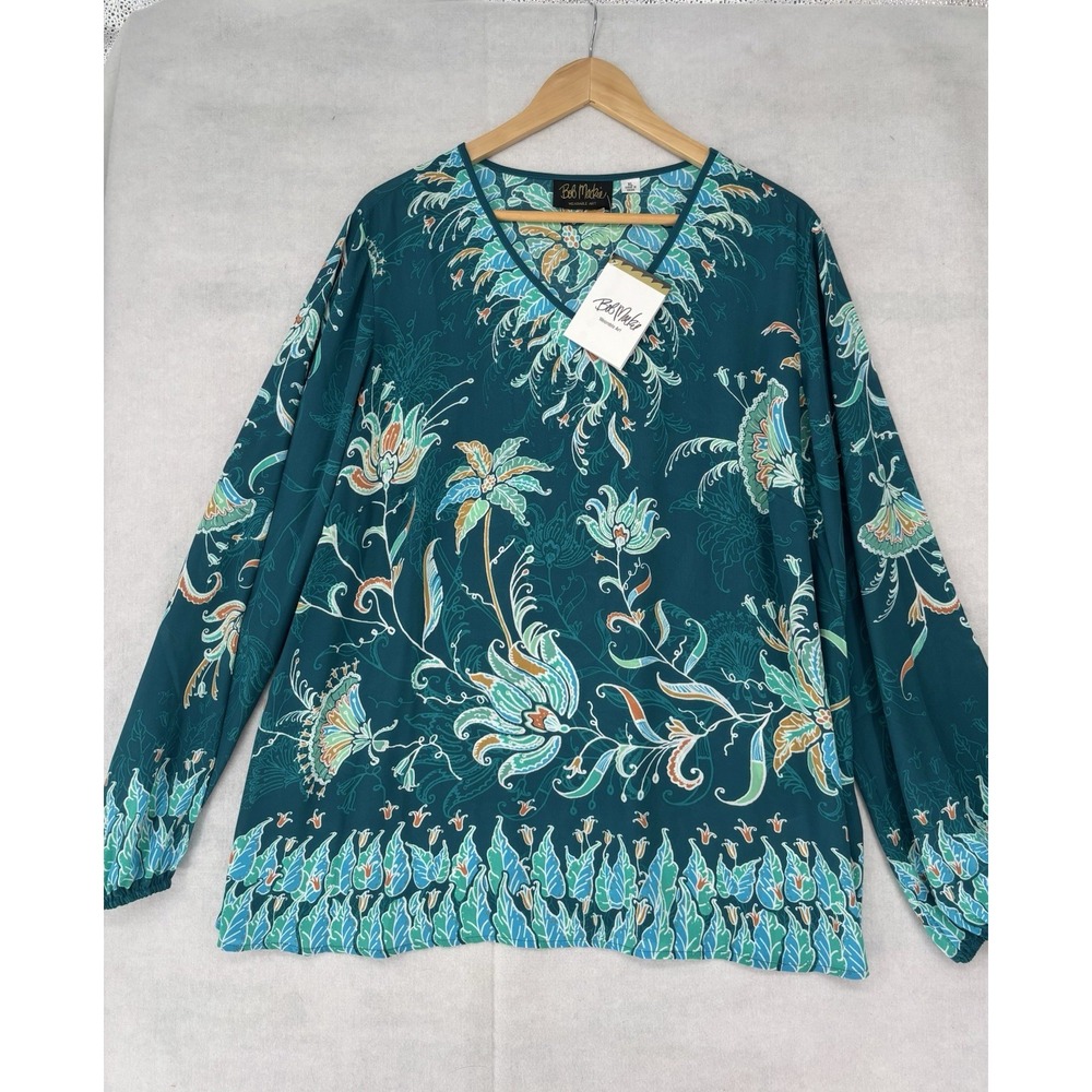 Bob Mackie Wearable Art Teal Floral Pattern V Neck Long-Sleeve Blouse XL NWT